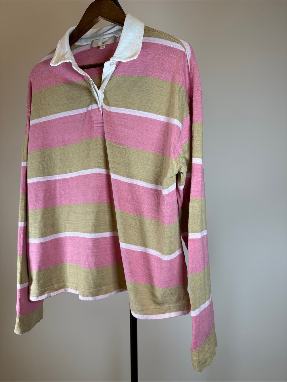 LOFT Pink and Tan Rugby Stripe Polo Top | Size L - Picture 6 of 10